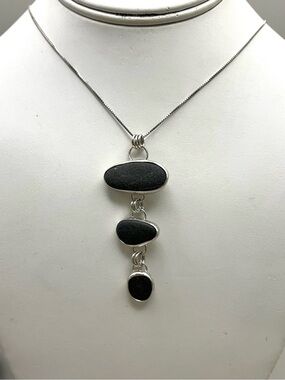 Handmade Sterling Silver Beach Stone Necklace | 925 Triple Drop Pendant